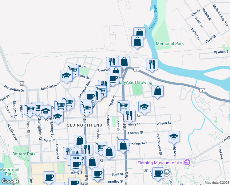 map of restaurants, bars, coffee shops, grocery stores, and more near 79 Hyde Street in Burlington