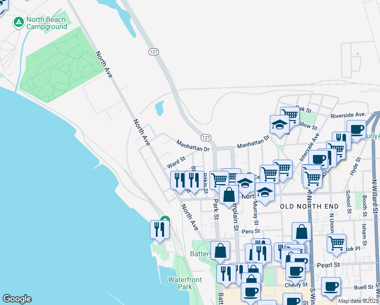 map of restaurants, bars, coffee shops, grocery stores, and more near 86 Blodgett Street in Burlington