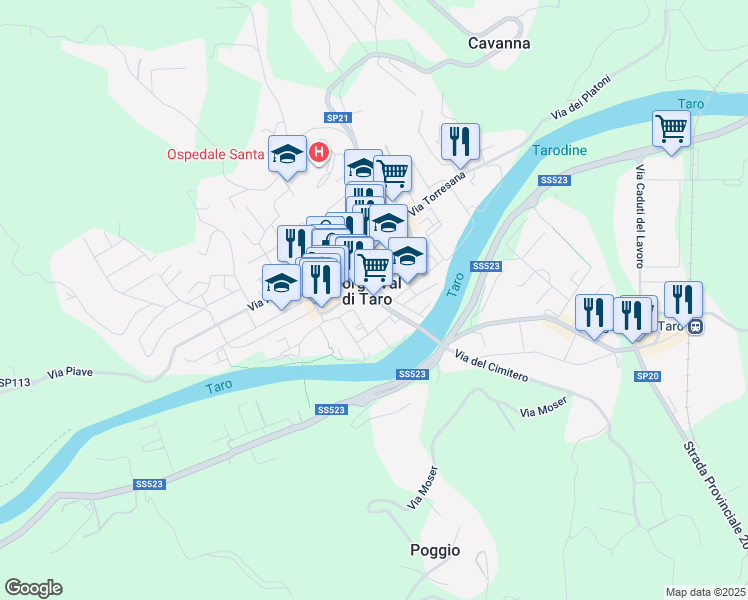 map of restaurants, bars, coffee shops, grocery stores, and more near 16 Via Taro in Borgo Val di Taro