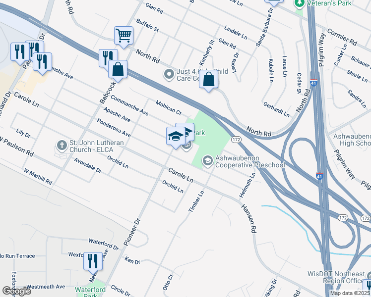 map of restaurants, bars, coffee shops, grocery stores, and more near 1360 Ponderosa Avenue in Green Bay