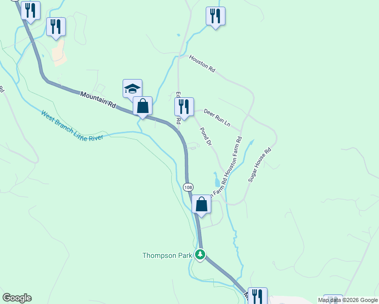 map of restaurants, bars, coffee shops, grocery stores, and more near 3068 Mountain Road in Stowe