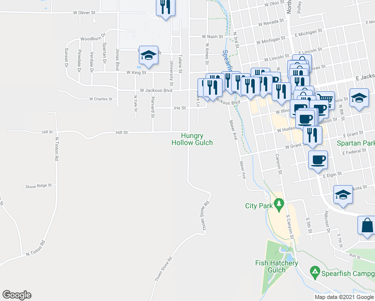 map of restaurants, bars, coffee shops, grocery stores, and more near 445 Saint Joe Street in Spearfish