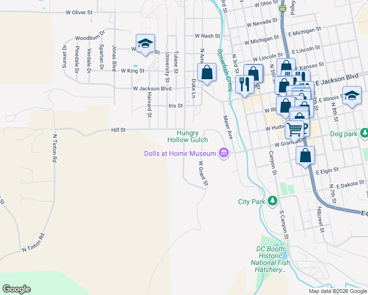 map of restaurants, bars, coffee shops, grocery stores, and more near 513 St Joe St in Spearfish