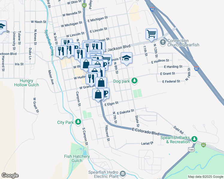 map of restaurants, bars, coffee shops, grocery stores, and more near 424 North Main Street in Spearfish