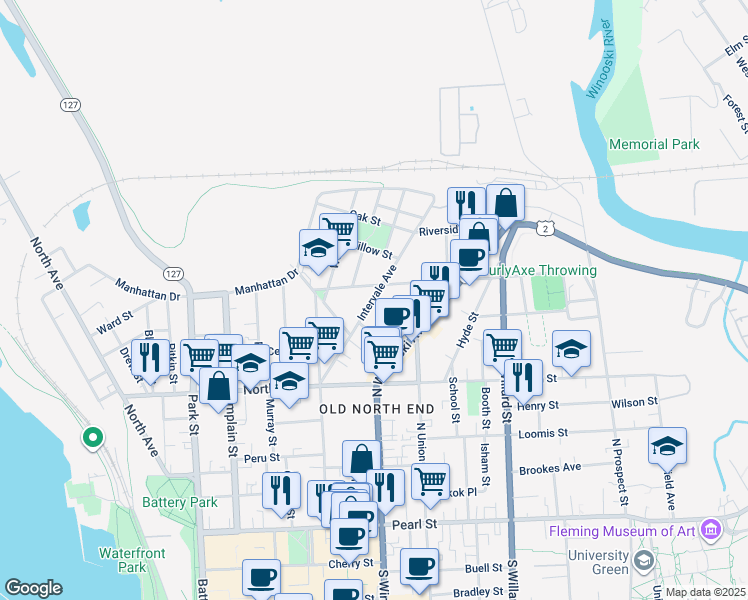 map of restaurants, bars, coffee shops, grocery stores, and more near Intervale Avenue in Burlington