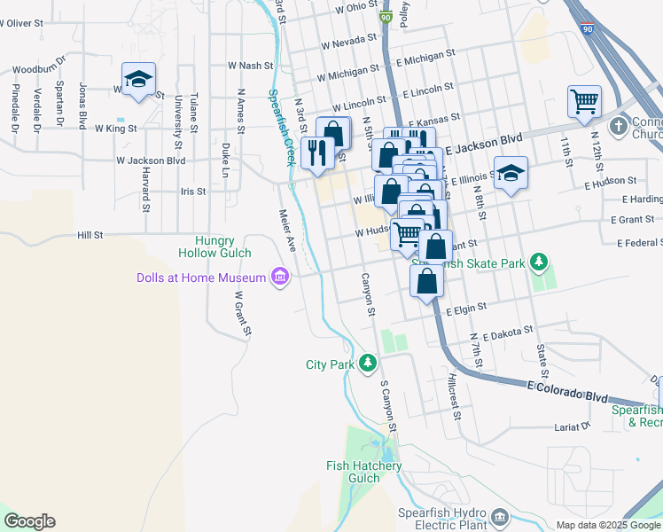 map of restaurants, bars, coffee shops, grocery stores, and more near 325-499 N 3rd St in Spearfish