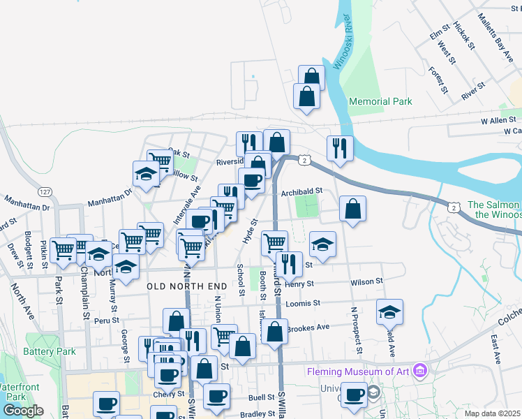 map of restaurants, bars, coffee shops, grocery stores, and more near 79 Hyde Street in Burlington