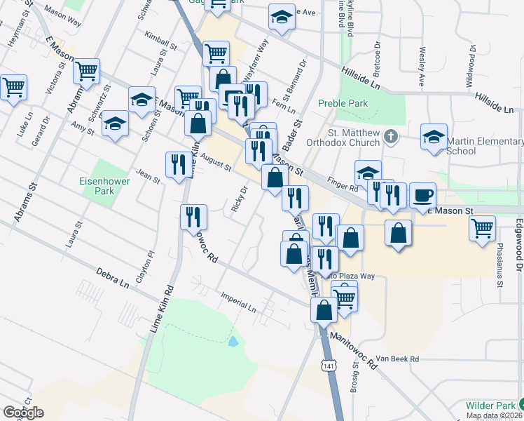 map of restaurants, bars, coffee shops, grocery stores, and more near 845 Bader Street in Green Bay