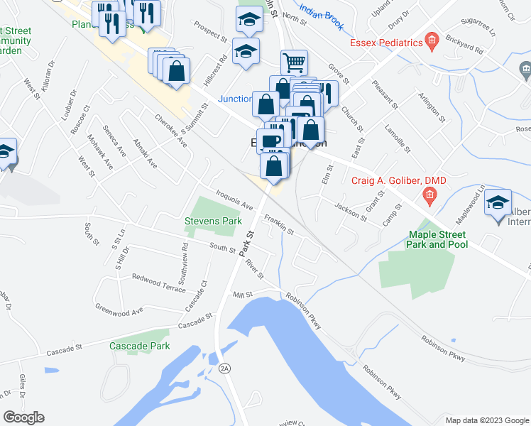 map of restaurants, bars, coffee shops, grocery stores, and more near 44 Park Street in Essex