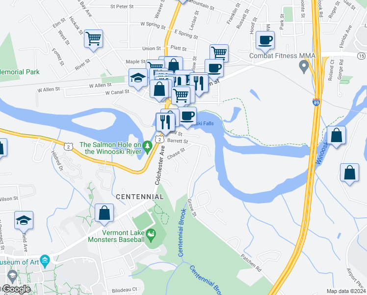 map of restaurants, bars, coffee shops, grocery stores, and more near 54 Chase Street in Burlington