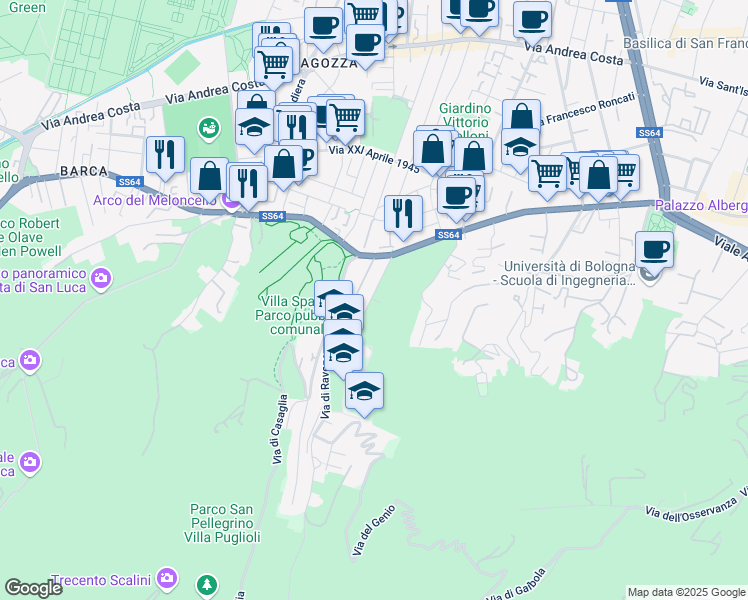 map of restaurants, bars, coffee shops, grocery stores, and more near 5 Via Felice Battaglia in Bologna