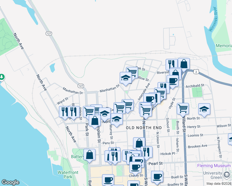 map of restaurants, bars, coffee shops, grocery stores, and more near 94 La Fountain Street in Burlington