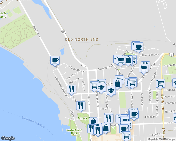 map of restaurants, bars, coffee shops, grocery stores, and more near 280 Park Street in Burlington