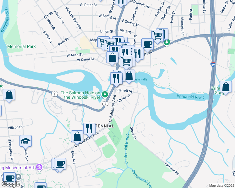 map of restaurants, bars, coffee shops, grocery stores, and more near 445 Colchester Avenue in Burlington