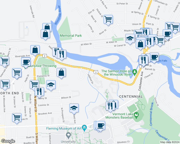 map of restaurants, bars, coffee shops, grocery stores, and more near 43 Hildred Drive in Burlington