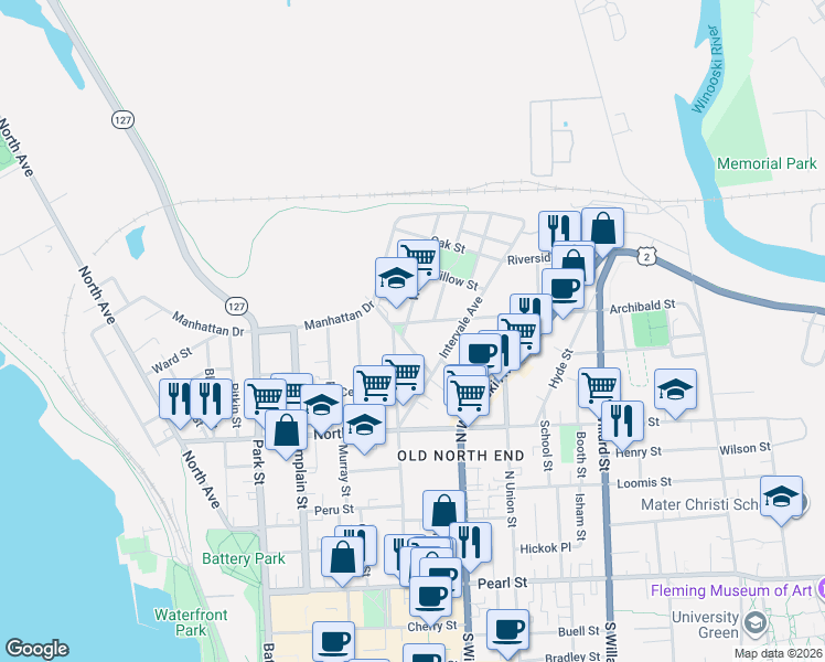 map of restaurants, bars, coffee shops, grocery stores, and more near 31 Spring Street in Burlington