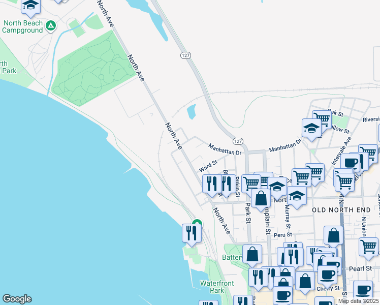 map of restaurants, bars, coffee shops, grocery stores, and more near 198 North Avenue in Burlington