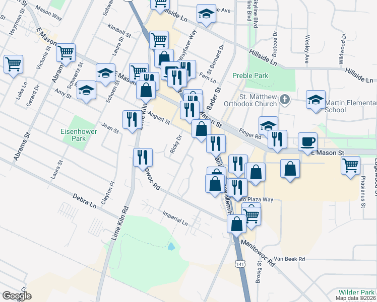 map of restaurants, bars, coffee shops, grocery stores, and more near 1833 University Avenue in Green Bay