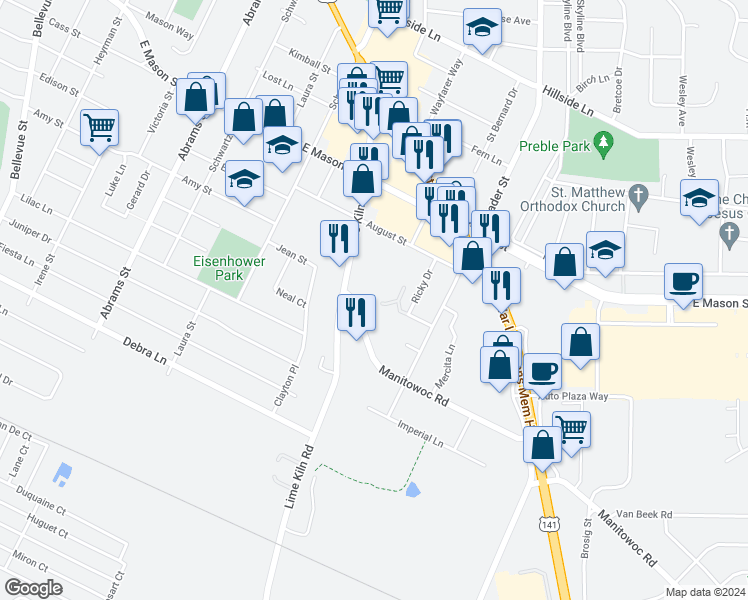 map of restaurants, bars, coffee shops, grocery stores, and more near 1998 Manitowoc Road in Green Bay
