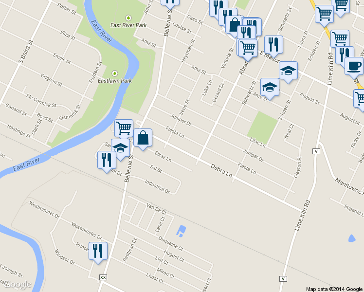 map of restaurants, bars, coffee shops, grocery stores, and more near 1687 Debra Lane in Green Bay