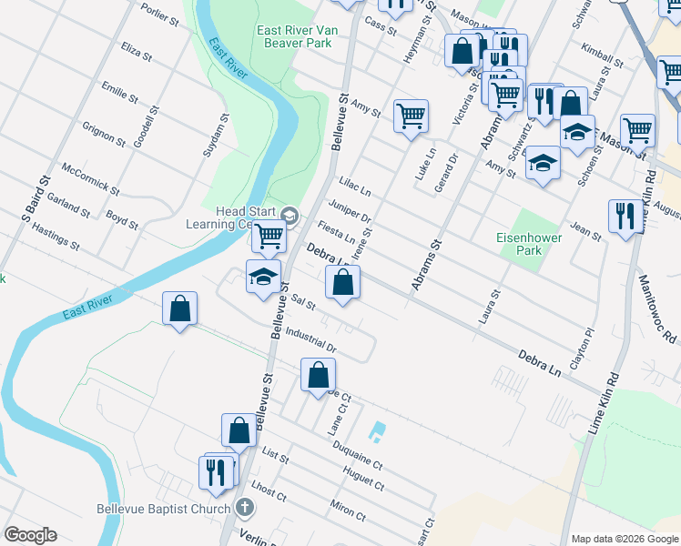 map of restaurants, bars, coffee shops, grocery stores, and more near 1655 Elkay Lane in Green Bay