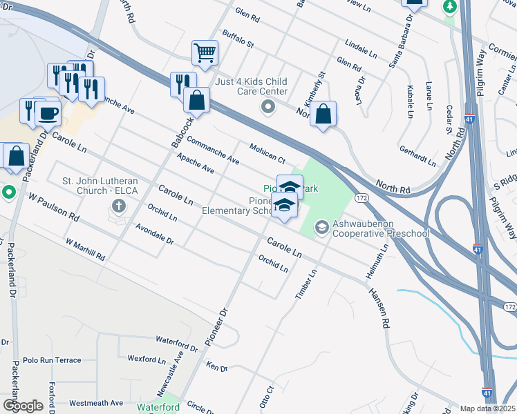 map of restaurants, bars, coffee shops, grocery stores, and more near 1411 Ponderosa Avenue in Green Bay