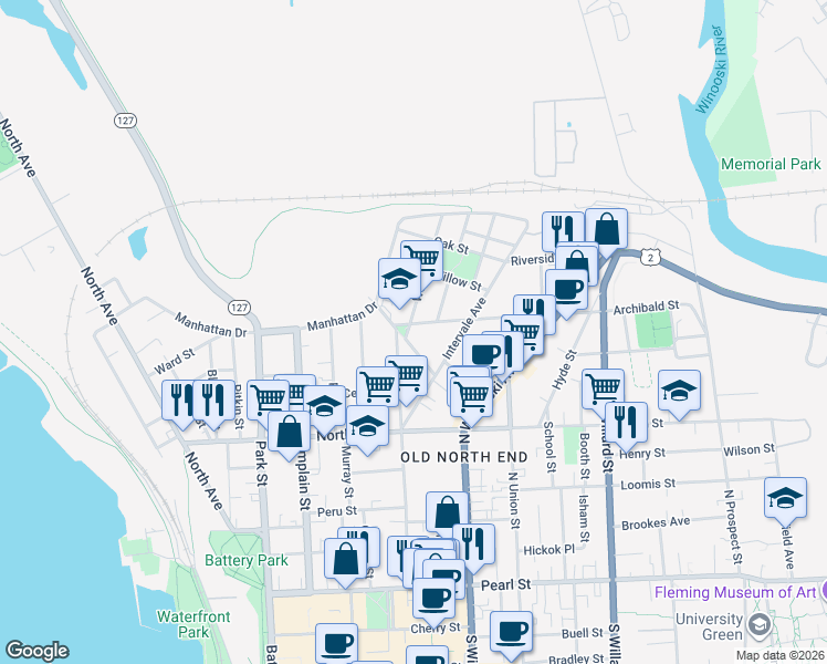 map of restaurants, bars, coffee shops, grocery stores, and more near 31 Spring Street in Burlington