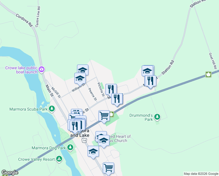 map of restaurants, bars, coffee shops, grocery stores, and more near 6 Crawford Drive in Marmora and Lake