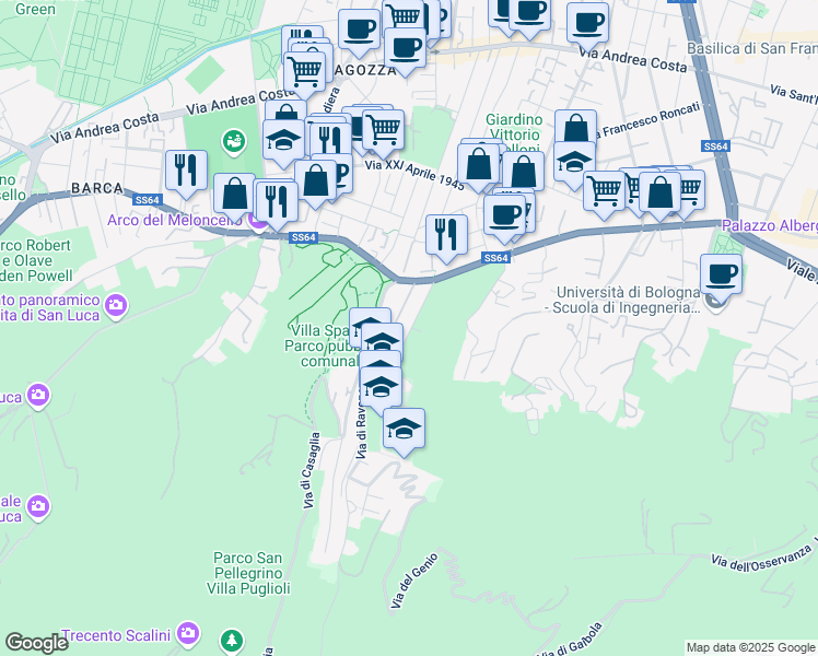 map of restaurants, bars, coffee shops, grocery stores, and more near 5 Via Felice Battaglia in Bologna