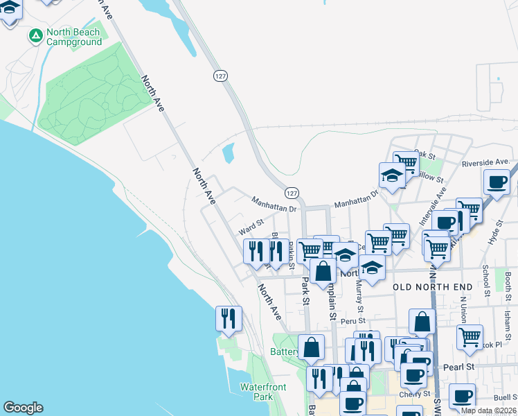 map of restaurants, bars, coffee shops, grocery stores, and more near 40 Ward Street in Burlington