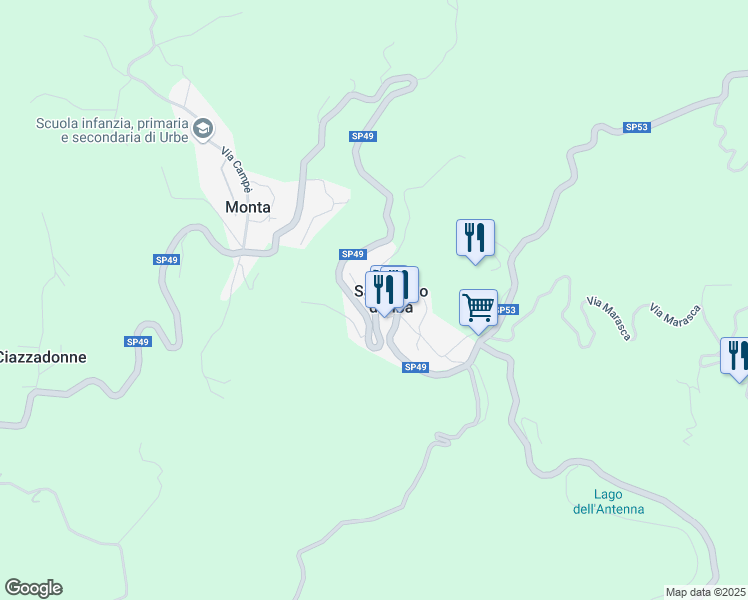 map of restaurants, bars, coffee shops, grocery stores, and more near 34 SP49 in San Pietro D'olba