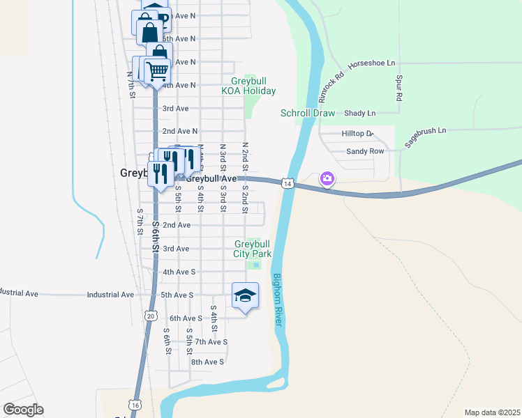 map of restaurants, bars, coffee shops, grocery stores, and more near 116-198 2nd Avenue South in Greybull