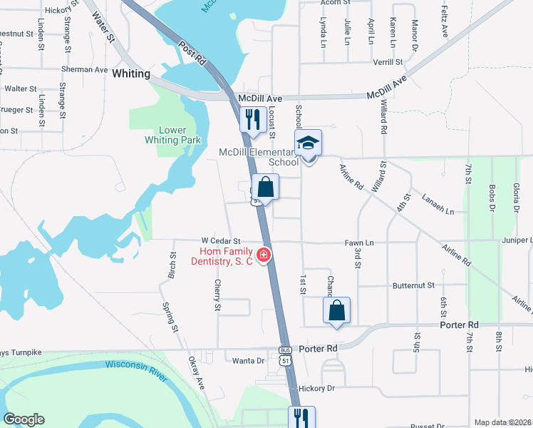 map of restaurants, bars, coffee shops, grocery stores, and more near 2810 Locust Street in Stevens Point