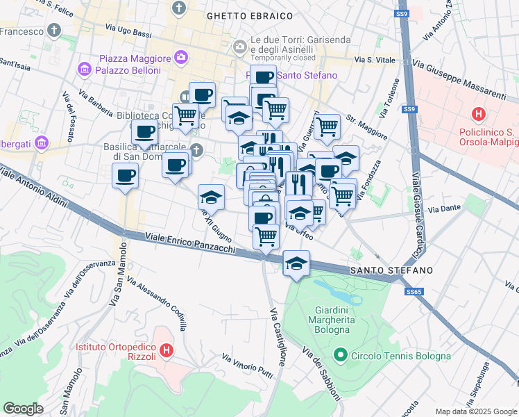 map of restaurants, bars, coffee shops, grocery stores, and more near 51 Via Castiglione in Bologna