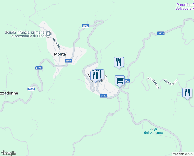 map of restaurants, bars, coffee shops, grocery stores, and more near 1 Piazza San Pietro in San Pietro D'olba