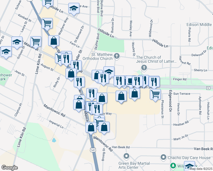 map of restaurants, bars, coffee shops, grocery stores, and more near 2300 East Mason Street in Green Bay