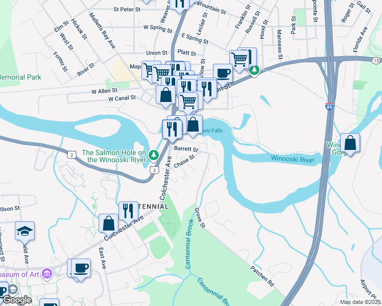 map of restaurants, bars, coffee shops, grocery stores, and more near 49 Chase Street in Burlington