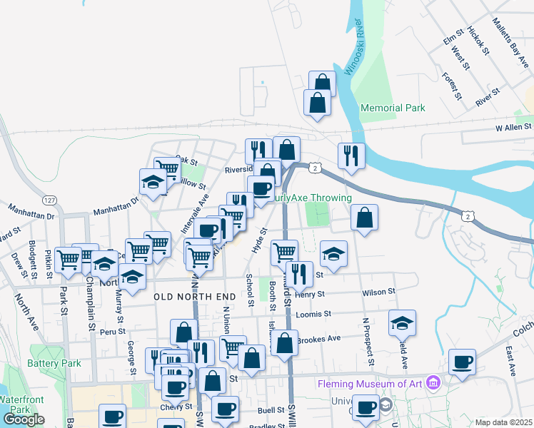 map of restaurants, bars, coffee shops, grocery stores, and more near 79 Hyde Street in Burlington