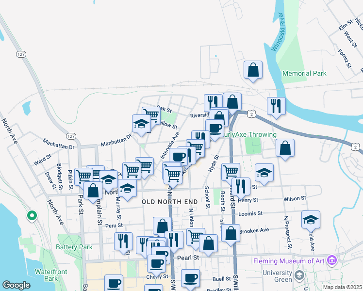 map of restaurants, bars, coffee shops, grocery stores, and more near 30 Decatur Street in Burlington