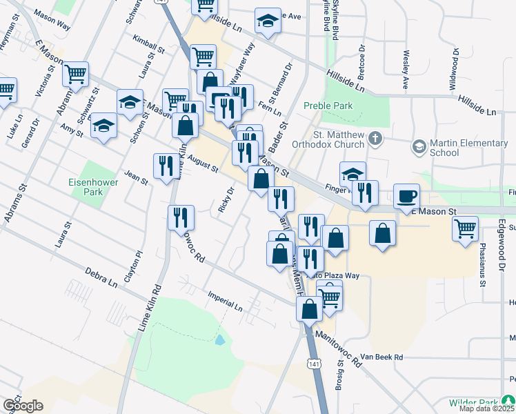 map of restaurants, bars, coffee shops, grocery stores, and more near 845 Bader Street in Green Bay