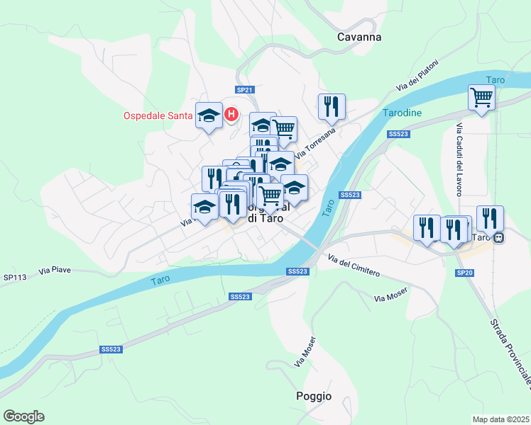 map of restaurants, bars, coffee shops, grocery stores, and more near 16 Via Taro in Borgo Val di Taro