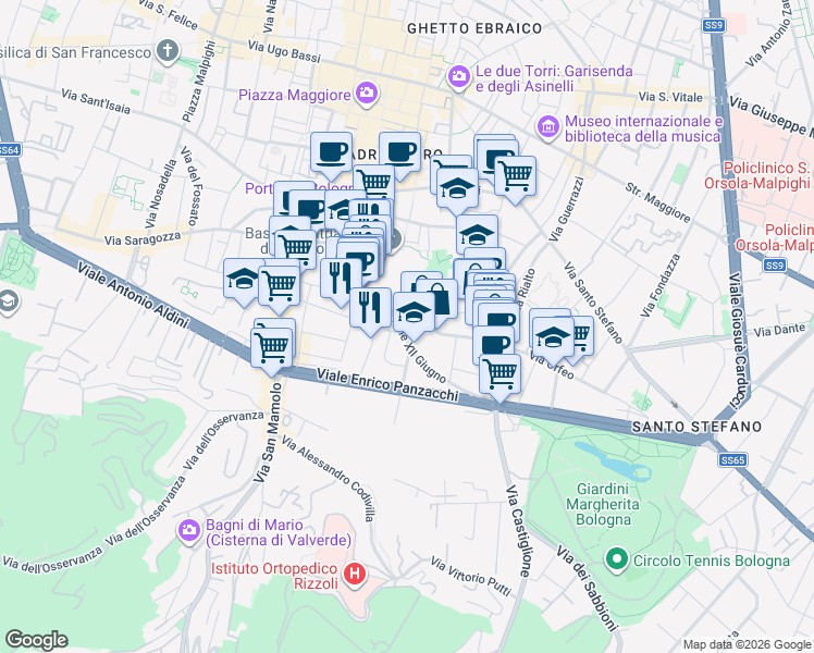 map of restaurants, bars, coffee shops, grocery stores, and more near 48 Via Solferino in Bologna