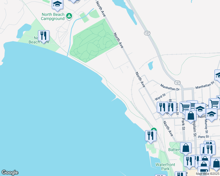 map of restaurants, bars, coffee shops, grocery stores, and more near Island Line Rail Trail in Burlington