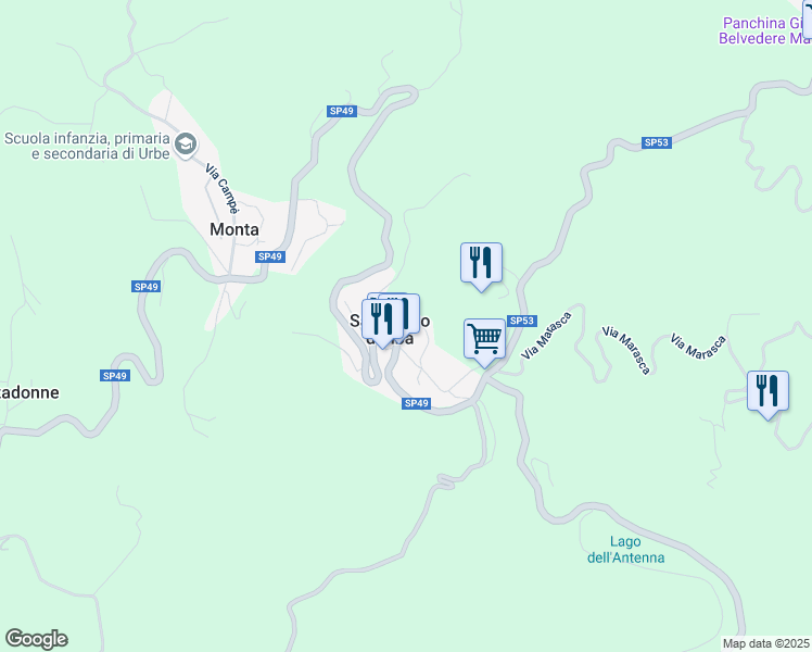 map of restaurants, bars, coffee shops, grocery stores, and more near 1 Piazza San Pietro in San Pietro D'olba