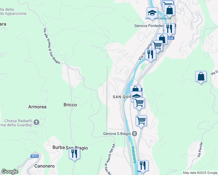 map of restaurants, bars, coffee shops, grocery stores, and more near 70 Via alla Stazione di San Quirico in Genova