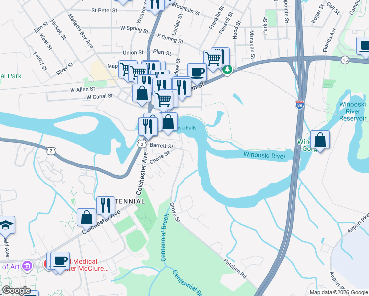 map of restaurants, bars, coffee shops, grocery stores, and more near 26 Grove Street in Burlington