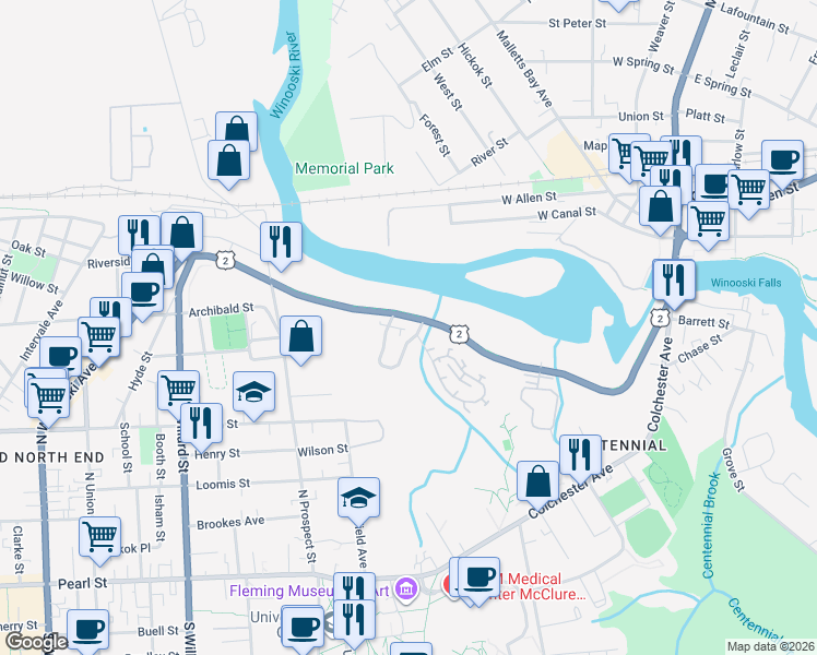 map of restaurants, bars, coffee shops, grocery stores, and more near 32 Hillside Terrace in Burlington