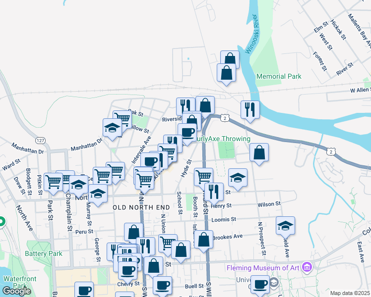 map of restaurants, bars, coffee shops, grocery stores, and more near 79 Hyde Street in Burlington