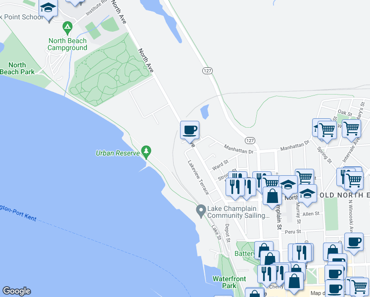 map of restaurants, bars, coffee shops, grocery stores, and more near 120 Lakeview Terrace in Burlington