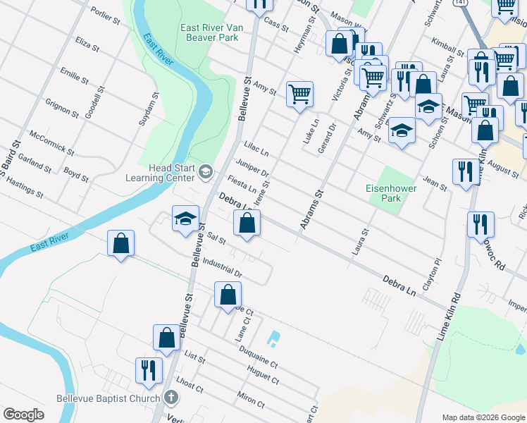 map of restaurants, bars, coffee shops, grocery stores, and more near 1669 Elkay Lane in Green Bay